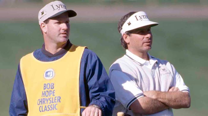Fred Couples and caddie Joe LaCava are pictured at the 1996 Bob Hope Chrysler Classic Chrysler Classic.